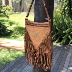 11403 Hand Tooled Detailed Stone & Fringe Bag - Light Tan