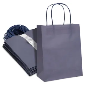 50 Pack Medium Navy Blue Paper Gift Bags with Handles, 8x10x4 inch Kraft Party Favor Bag Bulk for Birthday