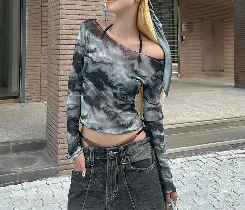 Abstract Black Printed Mesh Tshirts Women Autum 2024 Fashion Sexy Y2k See Through Long Sleeve Crop Tops P85-AG10