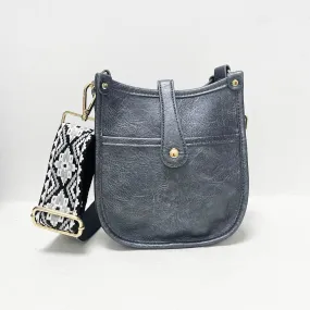 Antique Silver Mini Distressed Vegan Leather Messenger Bag w/ Adjustable Grey/White/Black Strap