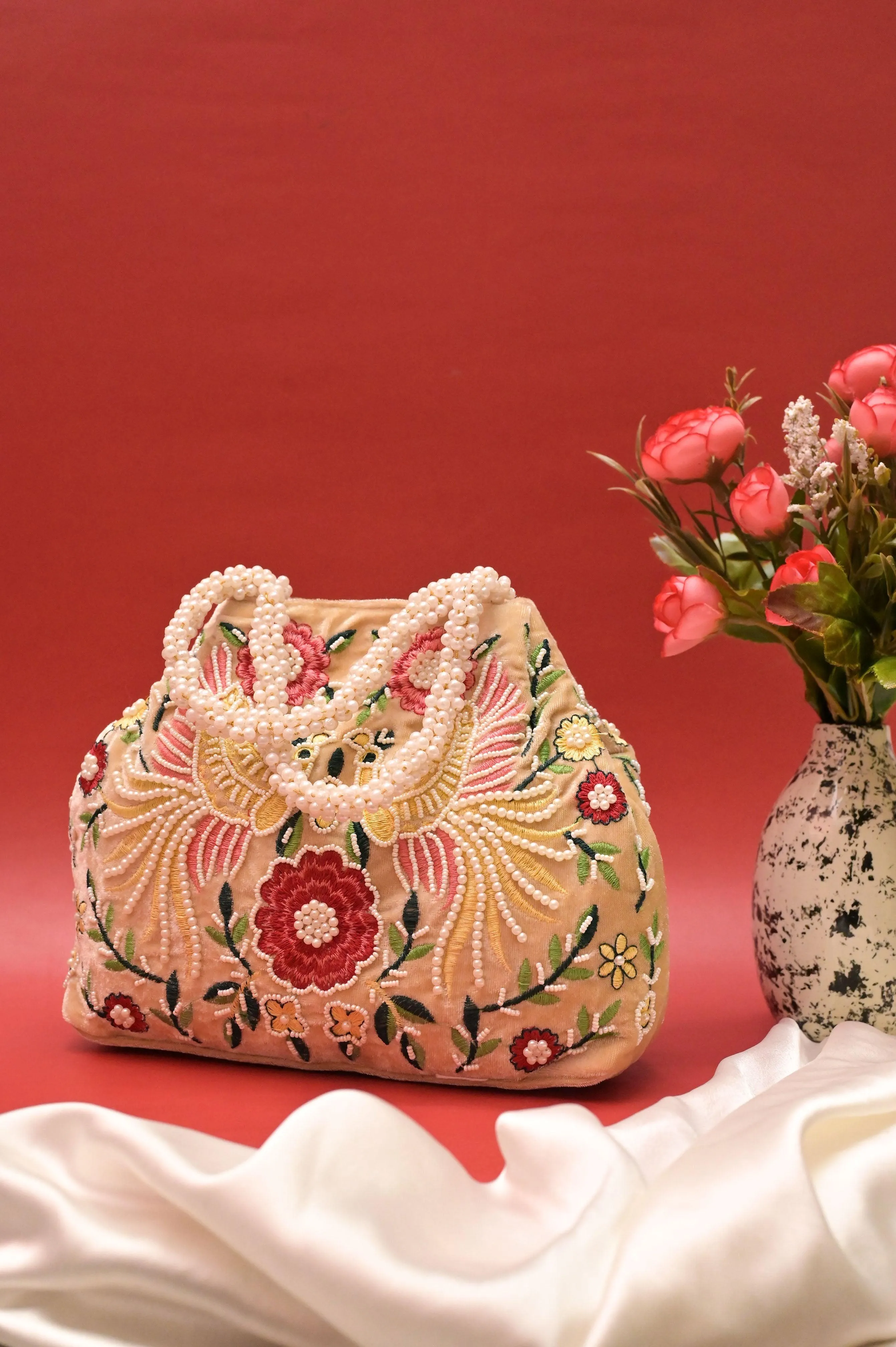 Beige Color Clutch Bag with Parsi Embroidery & Pearl Work