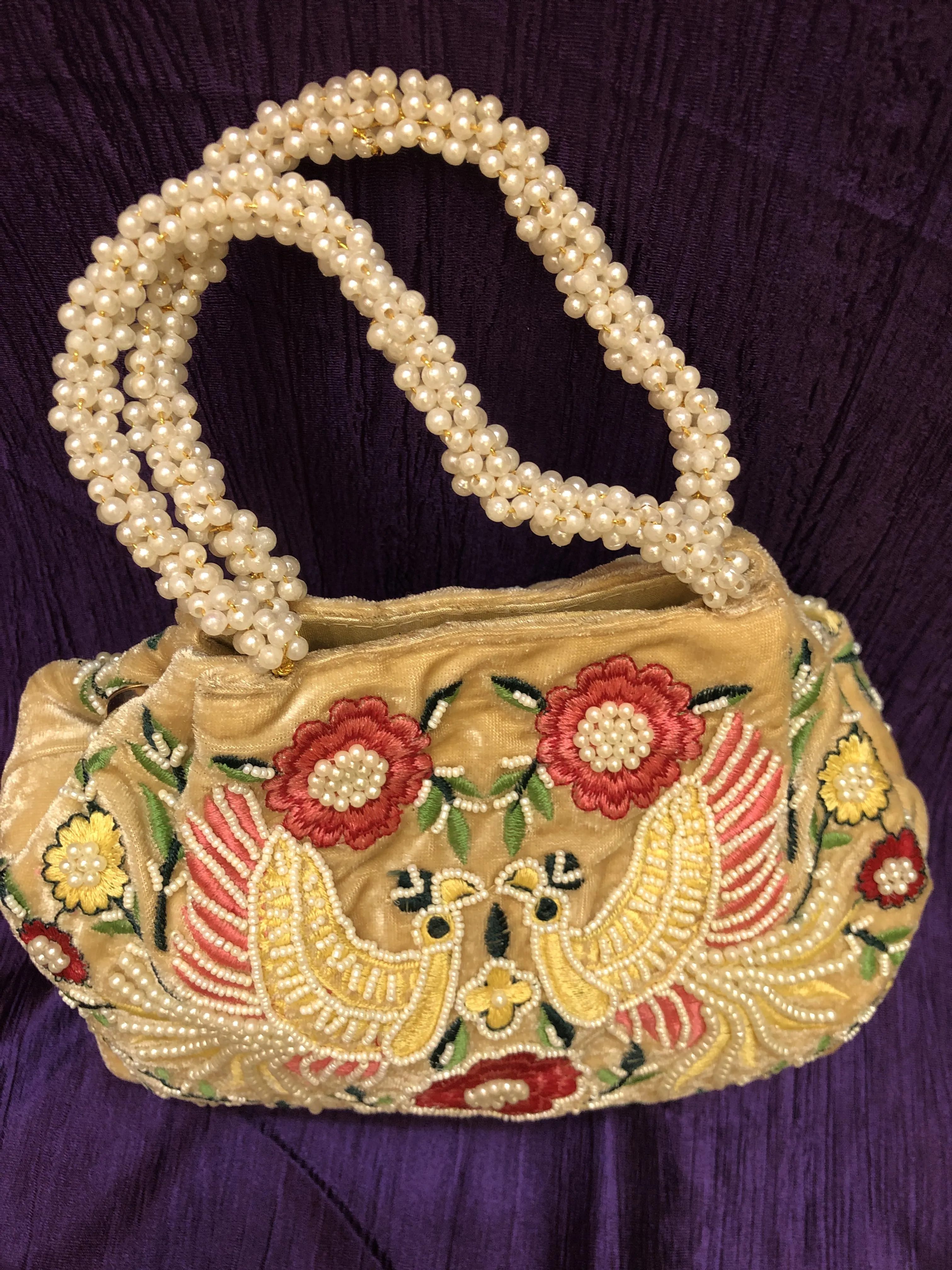 Beige Color Clutch Bag with Parsi Embroidery & Pearl Work