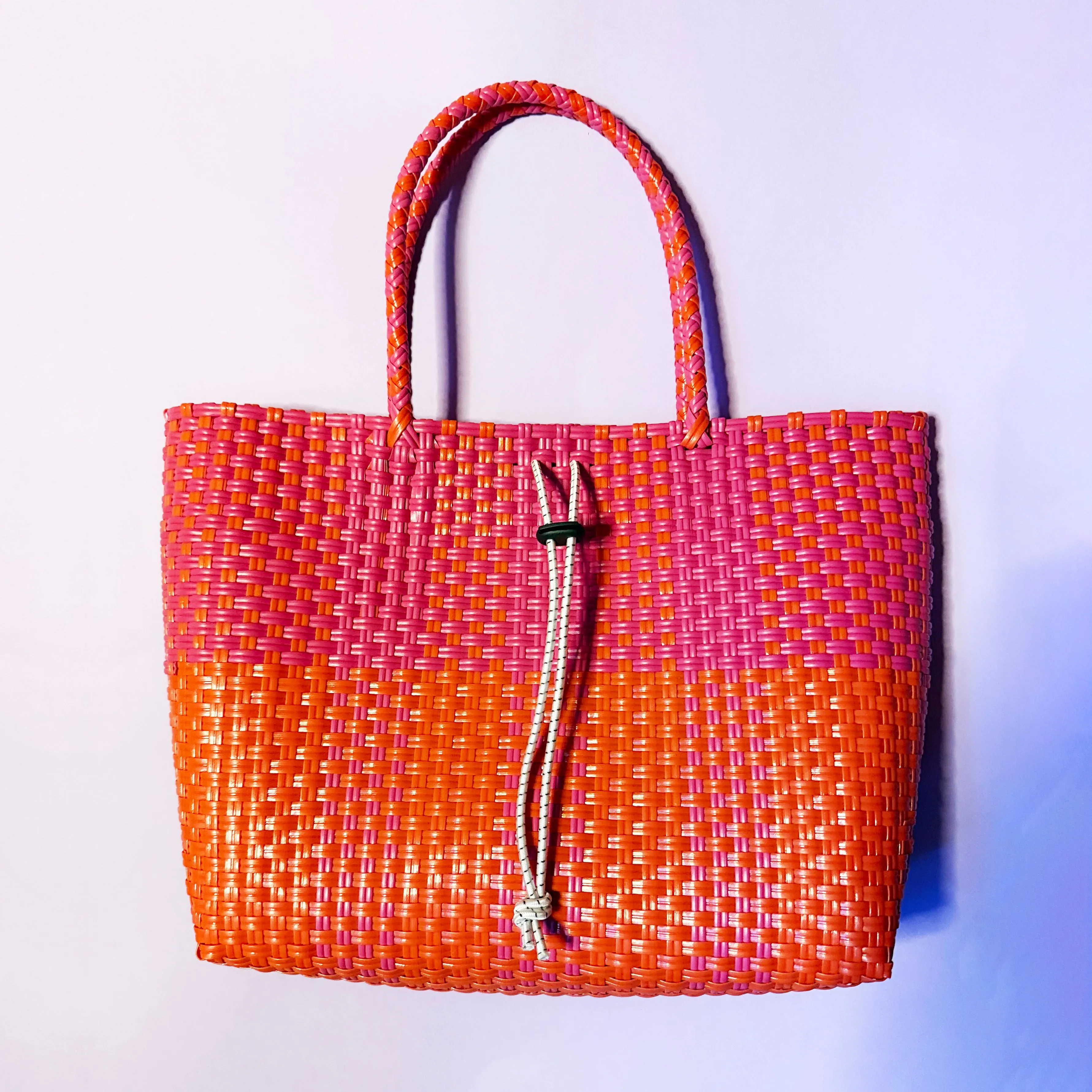 Bicycle Pannier recycled red & orange plastic woven basket tote bag