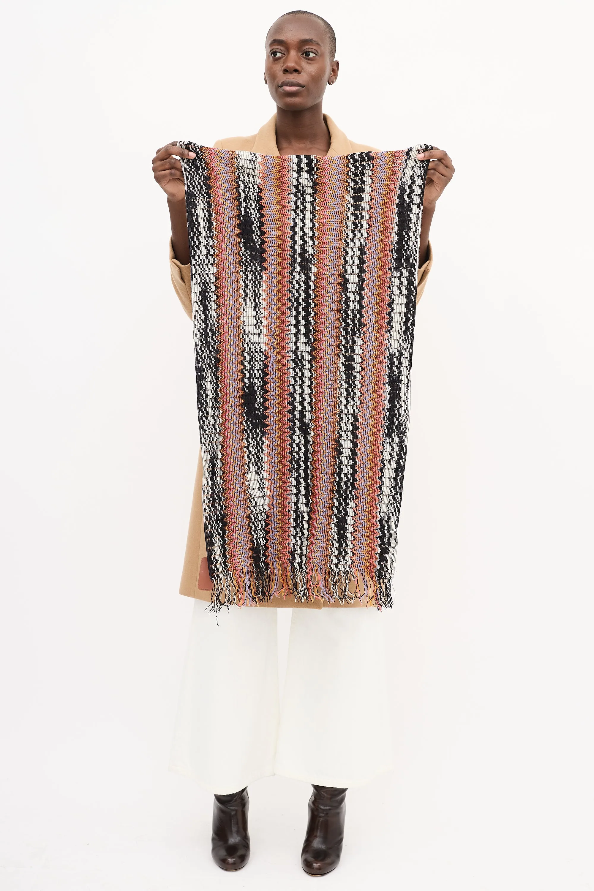 Black & Multi Wool Chevron Fringe Scarf