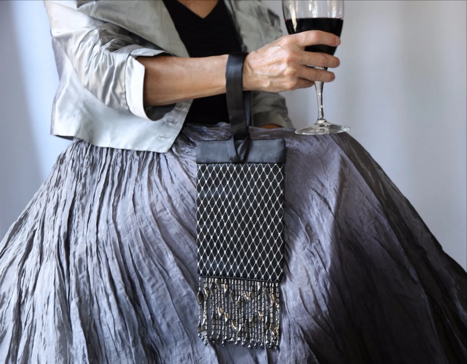 Black and Silver Evening Bag with Beaded Fringe