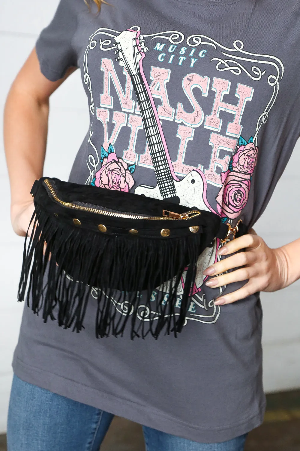 Black Faux Suede Fringe Convertible Fanny/Sling Bag