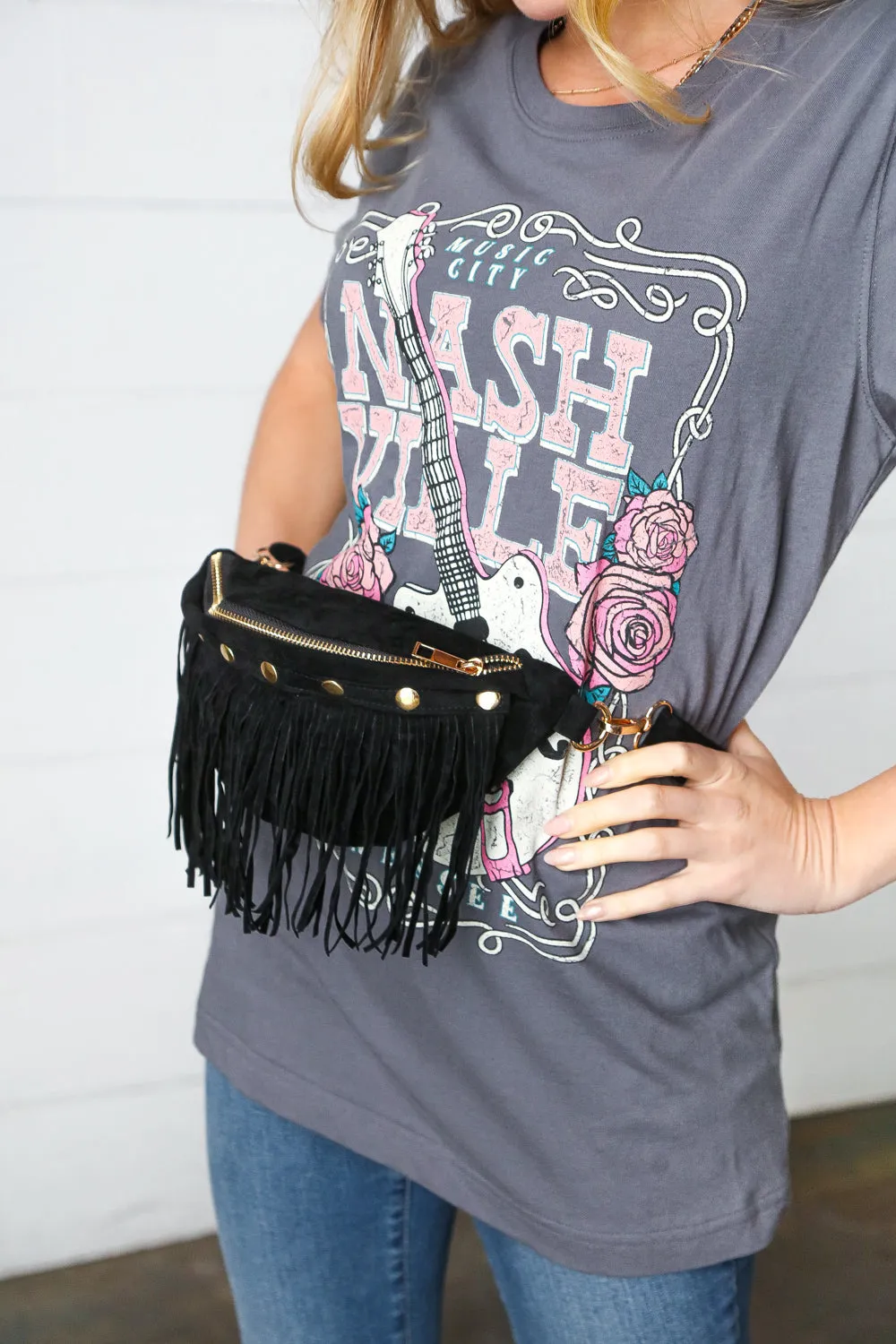 Black Faux Suede Fringe Convertible Fanny/Sling Bag