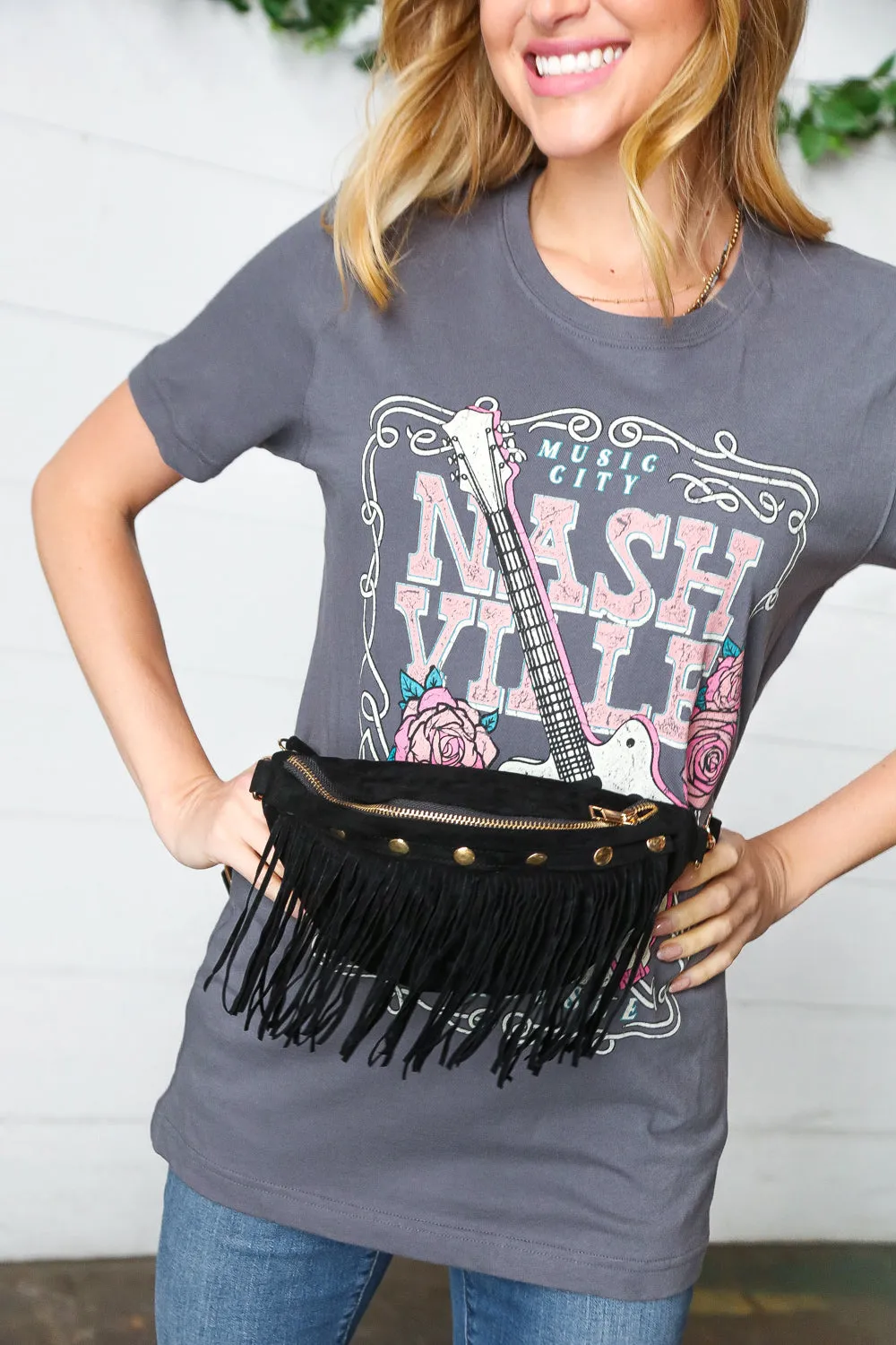 Black Faux Suede Fringe Convertible Fanny/Sling Bag