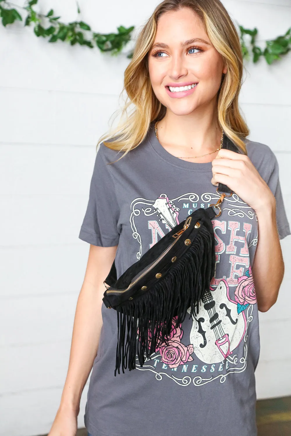 Black Faux Suede Fringe Convertible Fanny/Sling Bag