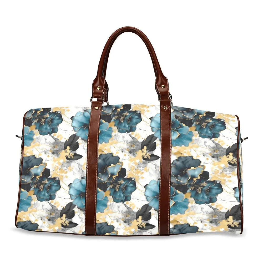 Blue & Gold Ink Floral Waterproof Travel Bag/Small (Model 1639)