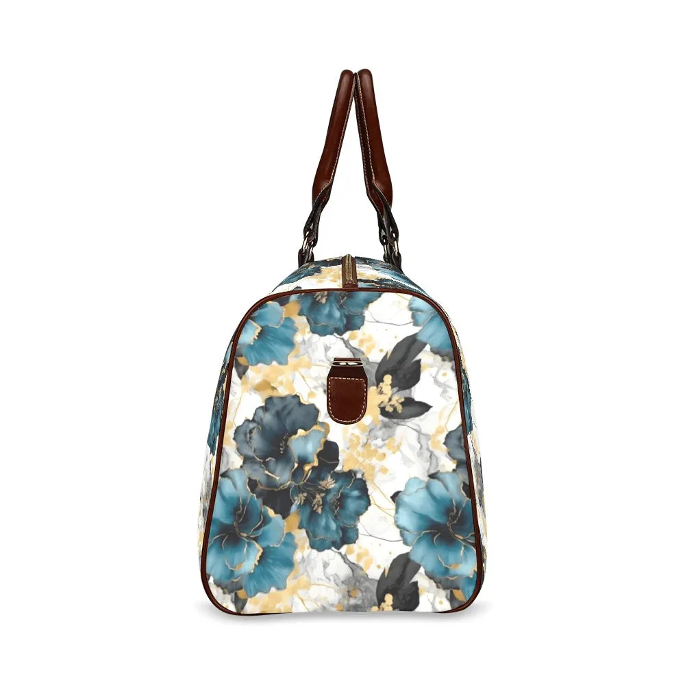 Blue & Gold Ink Floral Waterproof Travel Bag/Small (Model 1639)