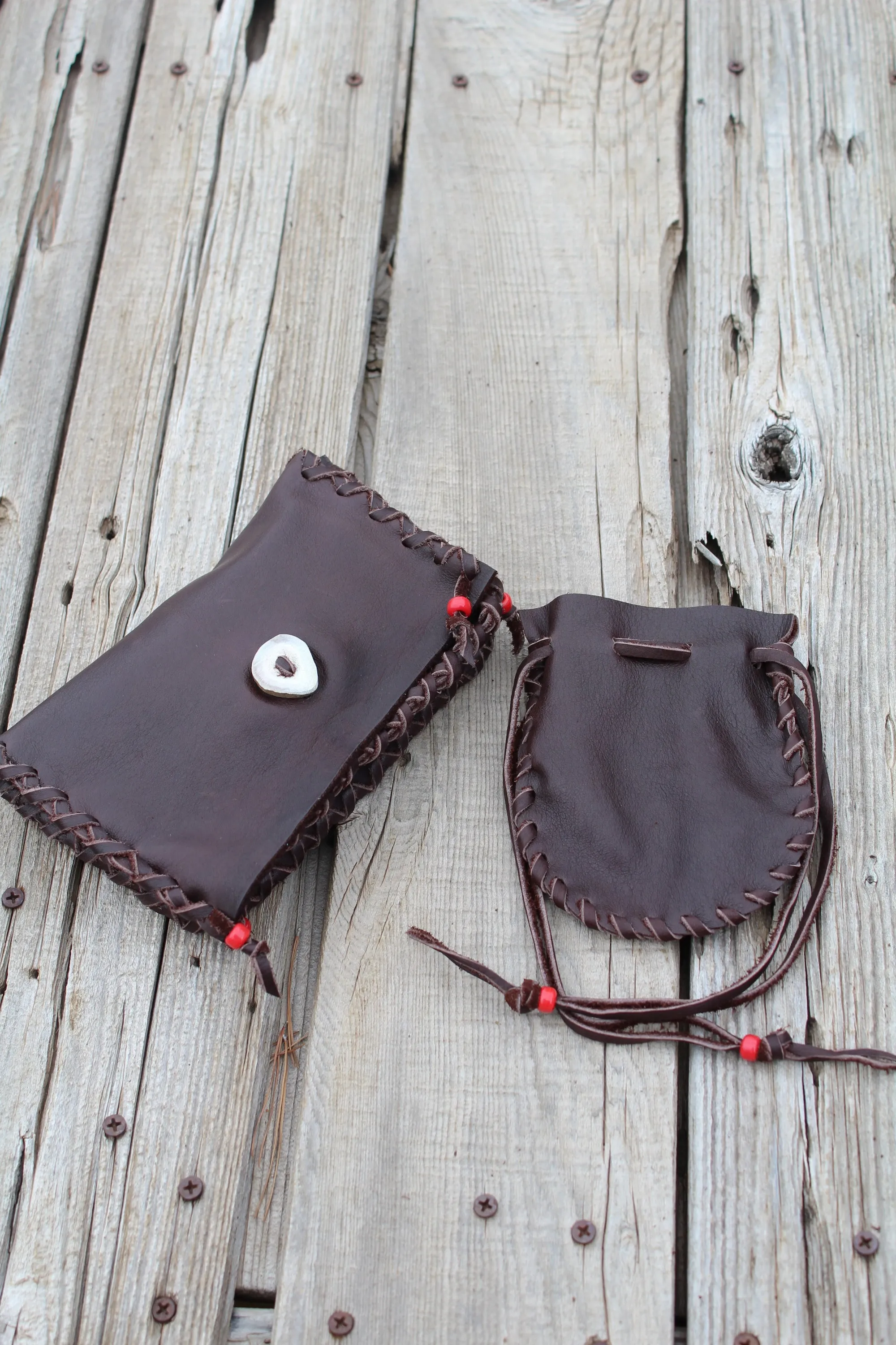 Brown buffalo leather pipe bag set , fringed beaded Thunderbird buffalo bag