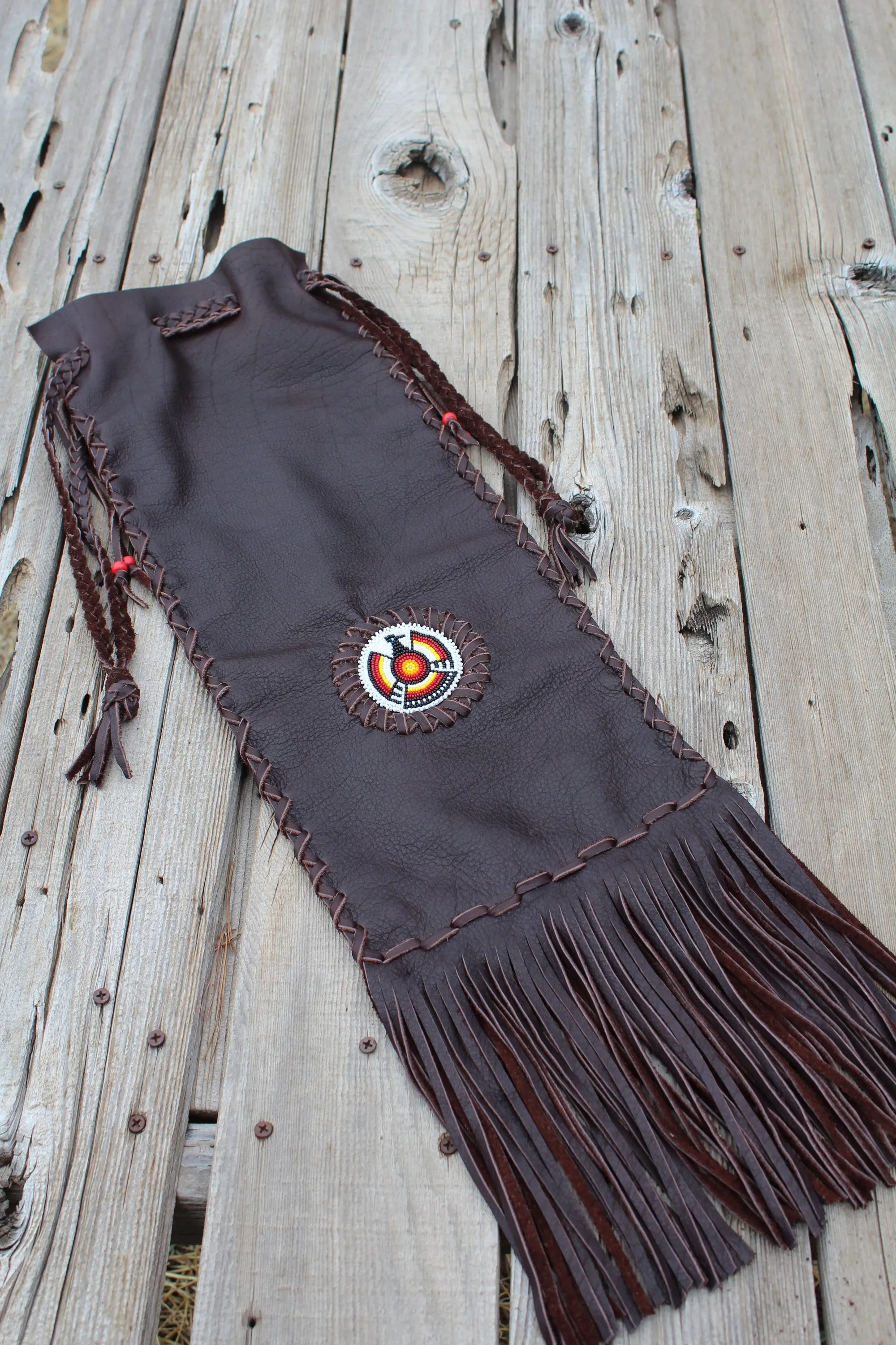 Brown buffalo leather pipe bag set , fringed beaded Thunderbird buffalo bag