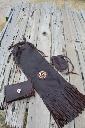 Brown buffalo leather pipe bag set , fringed beaded Thunderbird buffalo bag