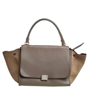 Brown/Grey Leather and Suede Medium Trapeze Top Handle Bag