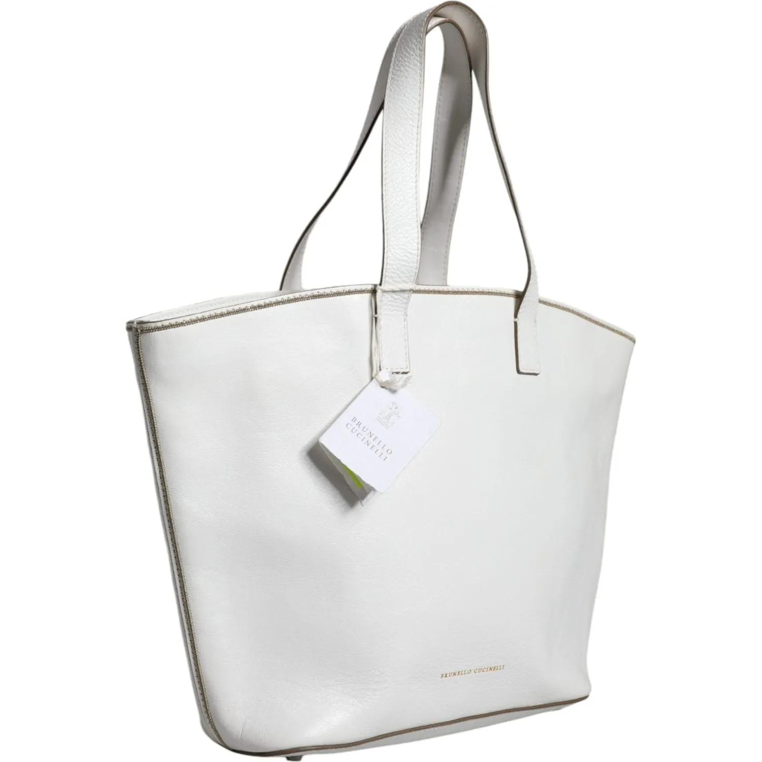 Brunello Cucinelli White Leather Logo Shoulder Strap Shopping Tote Bag