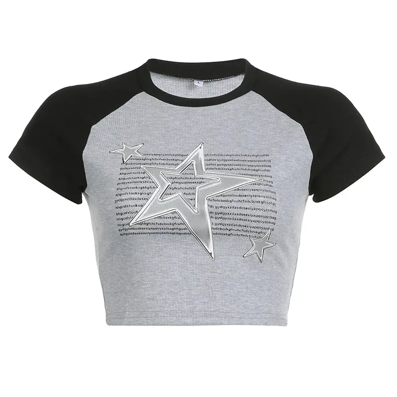 Casual Ribbed Knitted Letter Women Tee Shirt Patched Streetwear Baby Crop Tops Raglan Sleeve Slim Summer T-shirts Y2K