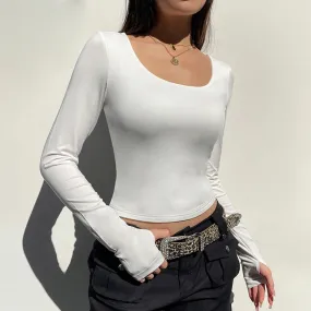 Casual White Skinny Spring Long Sleeve T-shirt Women Basic Crop Tops All-Match Korean Fashion Tee Round Neck Outfits