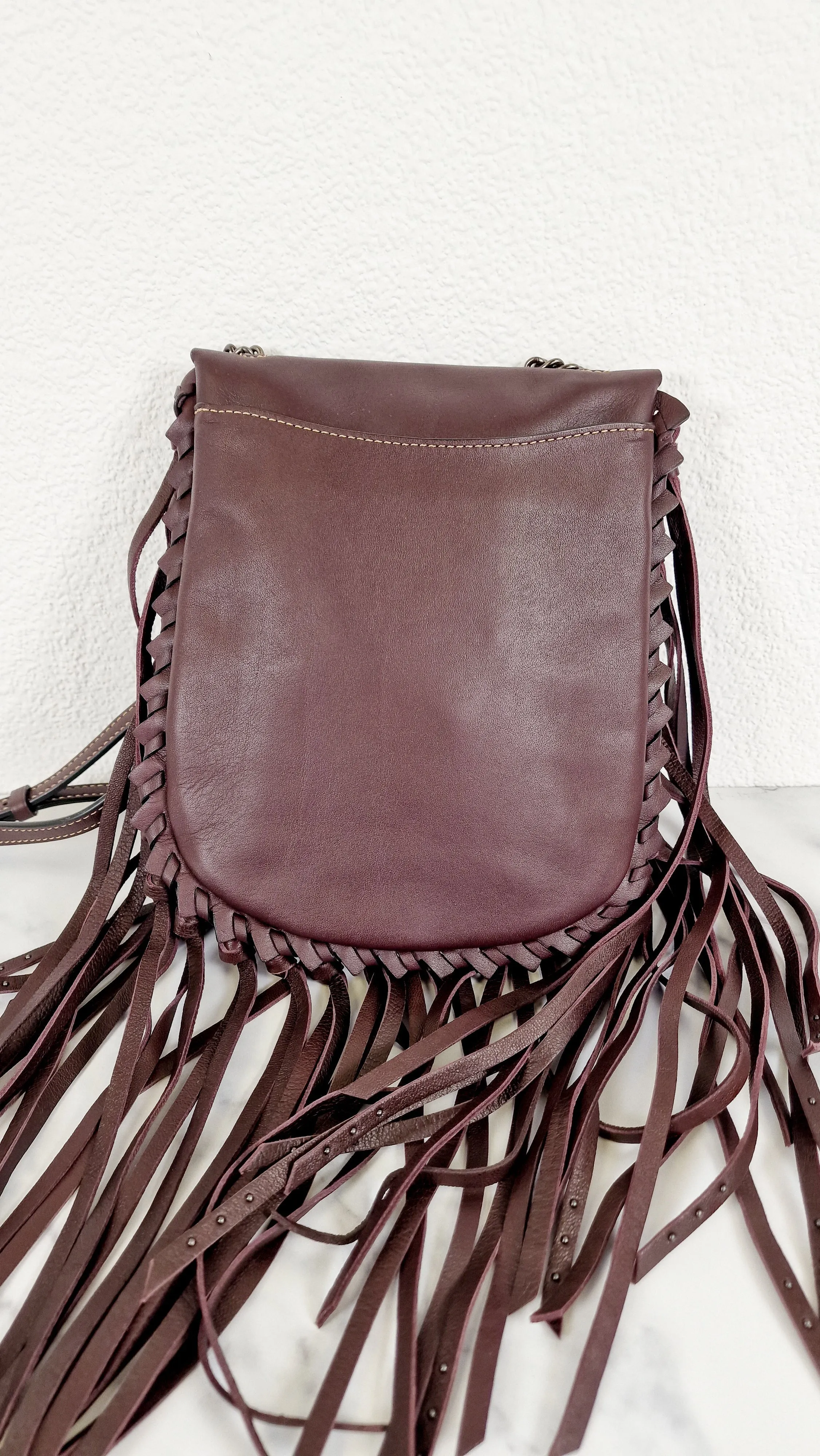 Coach 1941 Fringe Saddle Bag with Pyramid Rivets in Oxblood Smooth Leather & Ram Charm - Coach 48617