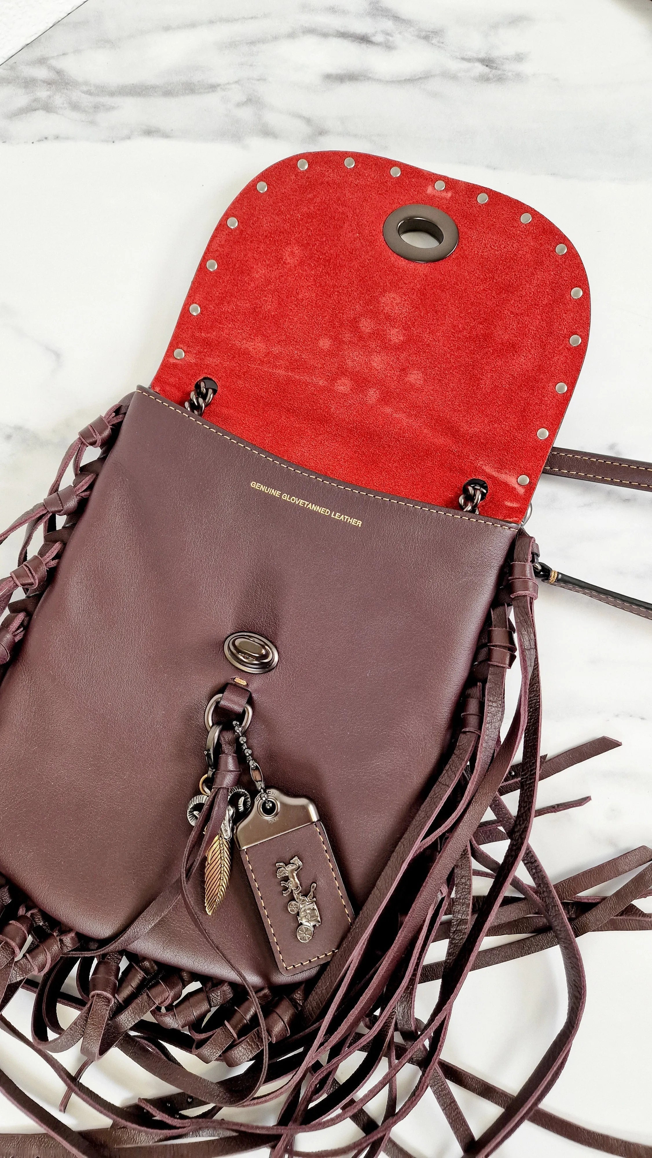 Coach 1941 Fringe Saddle Bag with Pyramid Rivets in Oxblood Smooth Leather & Ram Charm - Coach 48617