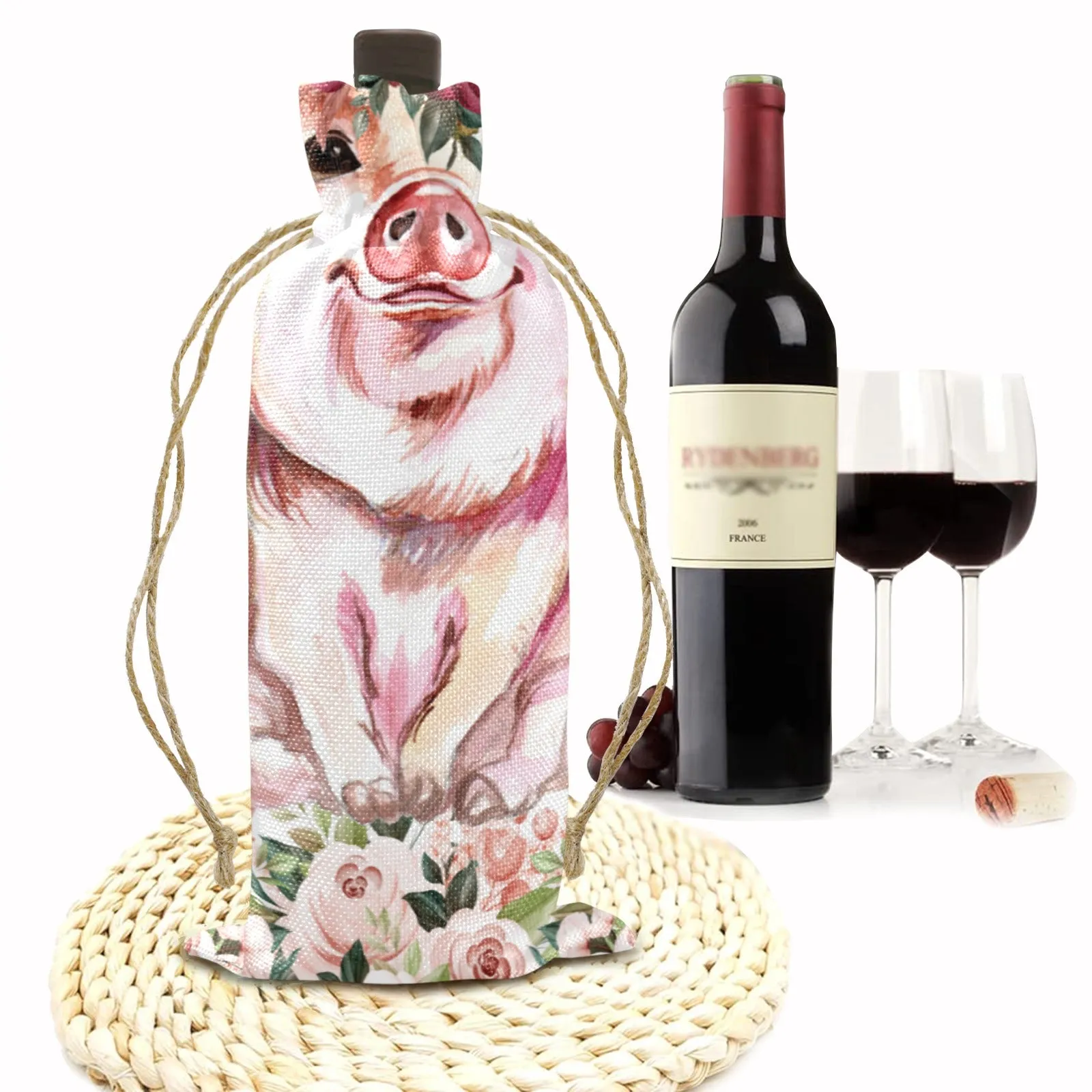 Country Pig awd1375 Linen Wine Bottle Bag