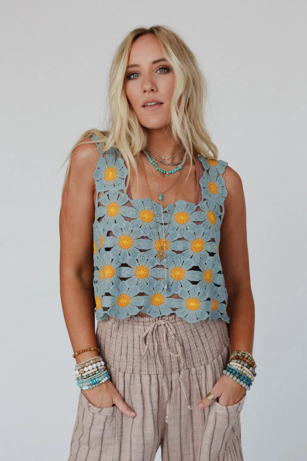 Daisy Bloom Crochet Top - Blue