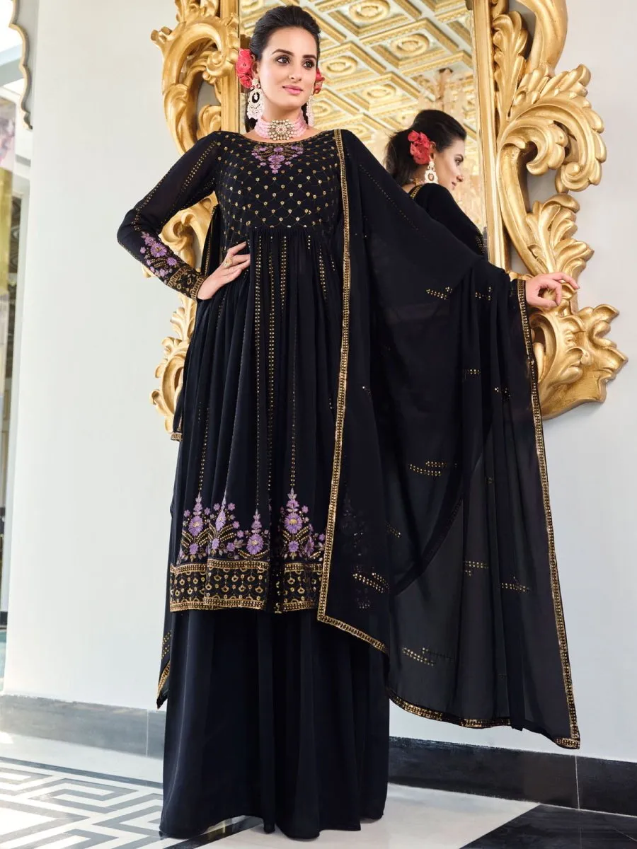 Dark Blue Embroidered Partywear Sharara-Style-Suit