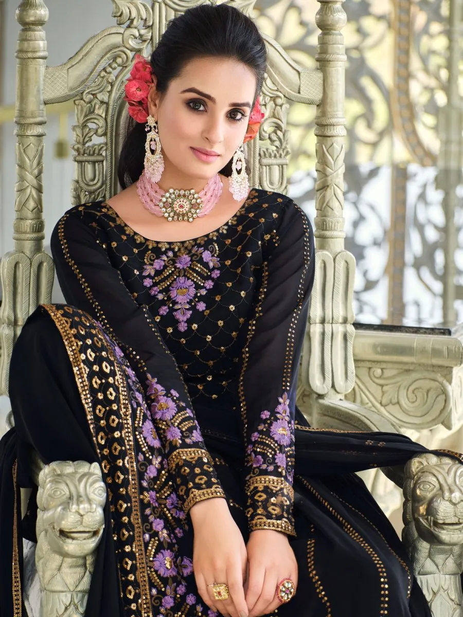 Dark Blue Embroidered Partywear Sharara-Style-Suit