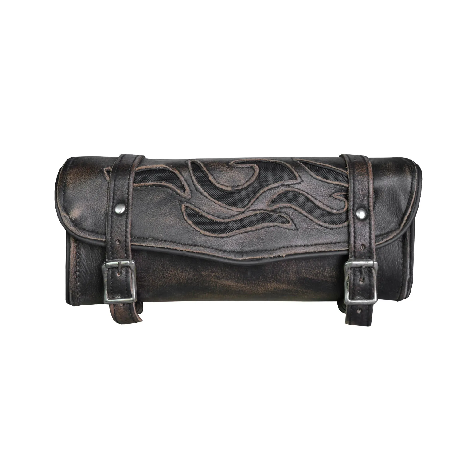 Dream Apparel Motorcycle Tool Bag with Flames 12" Distress Brown Leather