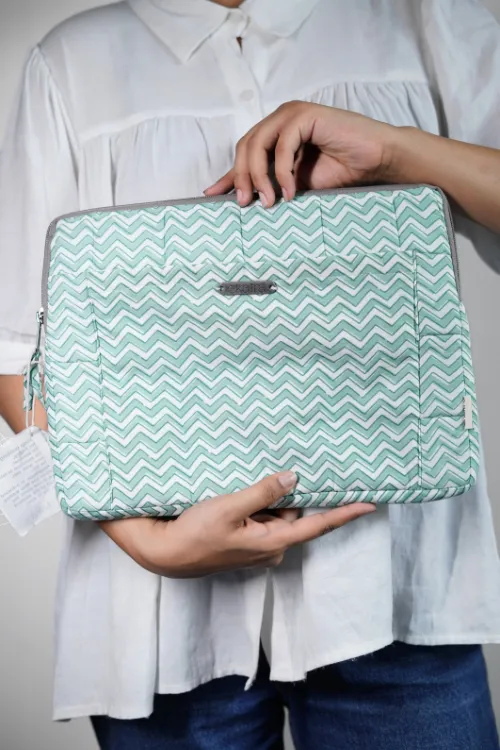 Ekatra Green Chevron Sustainable Handmade Cotton Laptop Sleeve/Laptop Cover