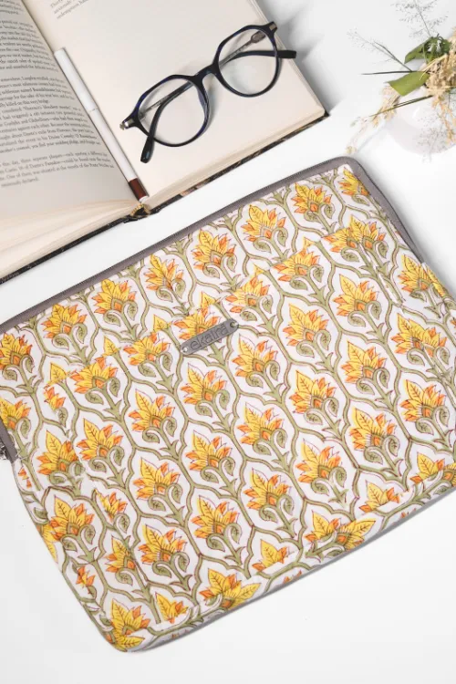 Ekatra Yellow Motif Sustainable Handmade Cotton Laptop Sleeve/Laptop Cover