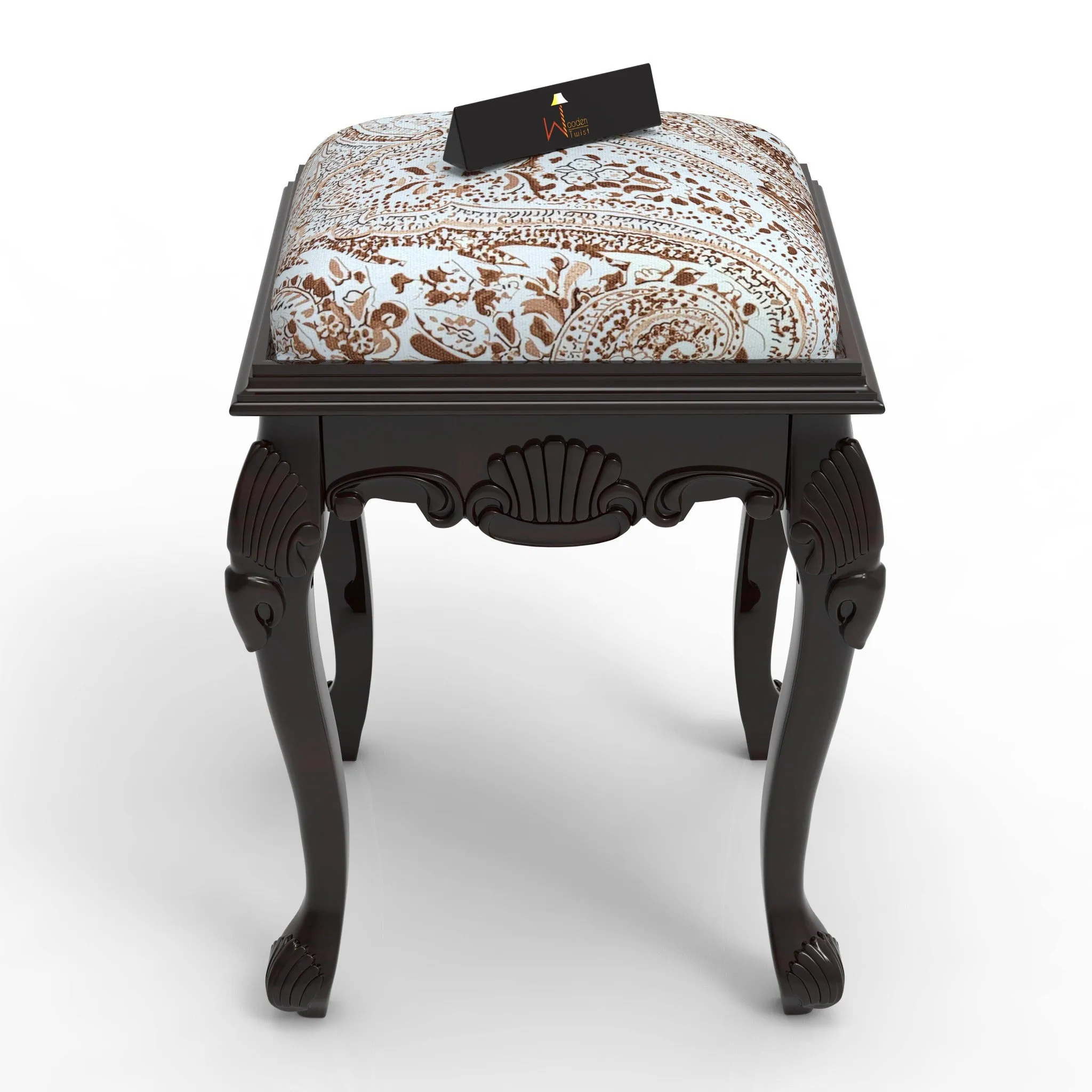 Elegant Hand Carved Teak Wood Stool in Premium Fabric