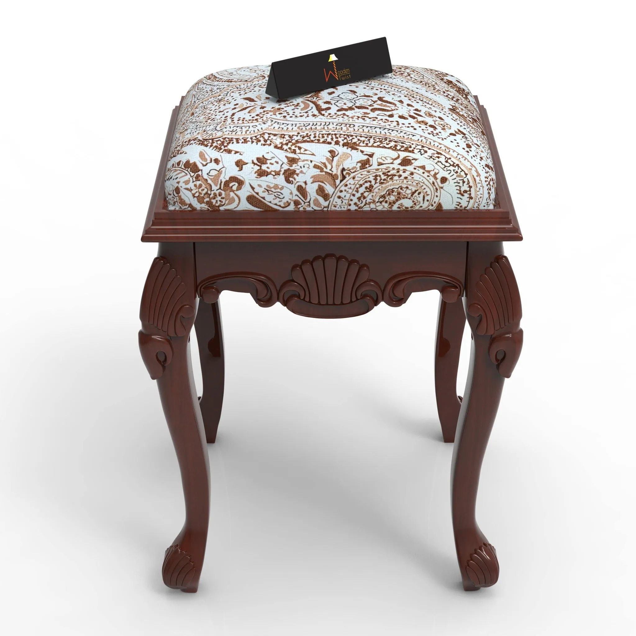 Elegant Hand Carved Teak Wood Stool in Premium Fabric