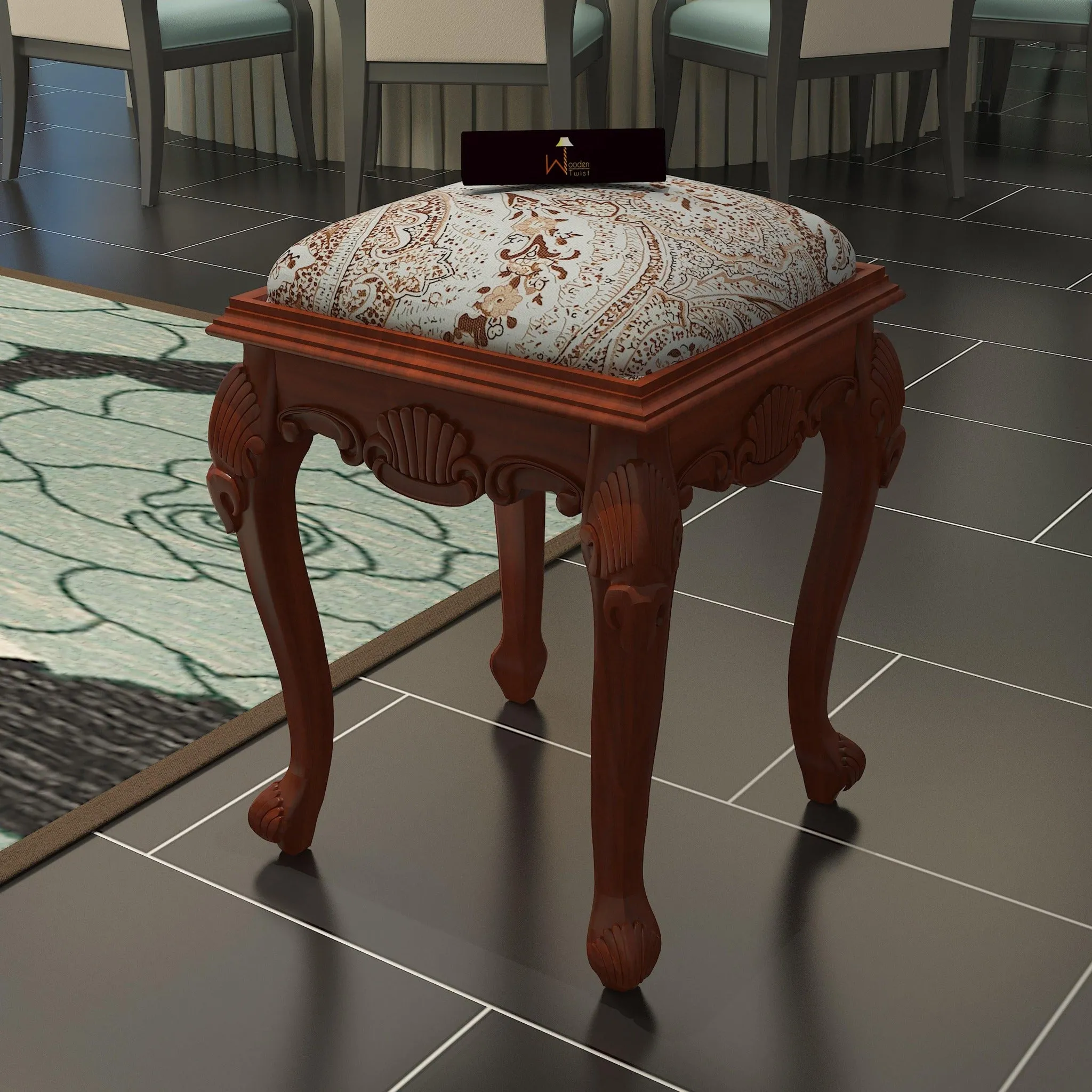 Elegant Hand Carved Teak Wood Stool in Premium Fabric