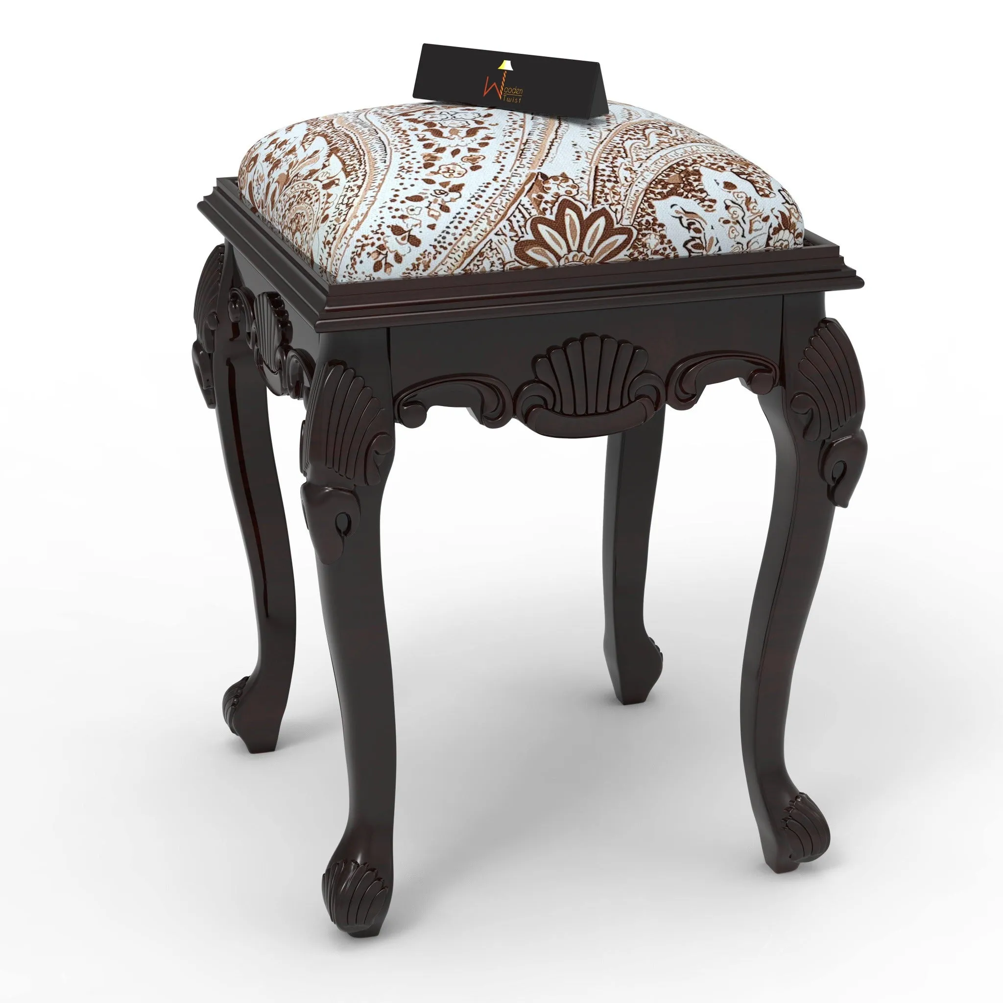 Elegant Hand Carved Teak Wood Stool in Premium Fabric