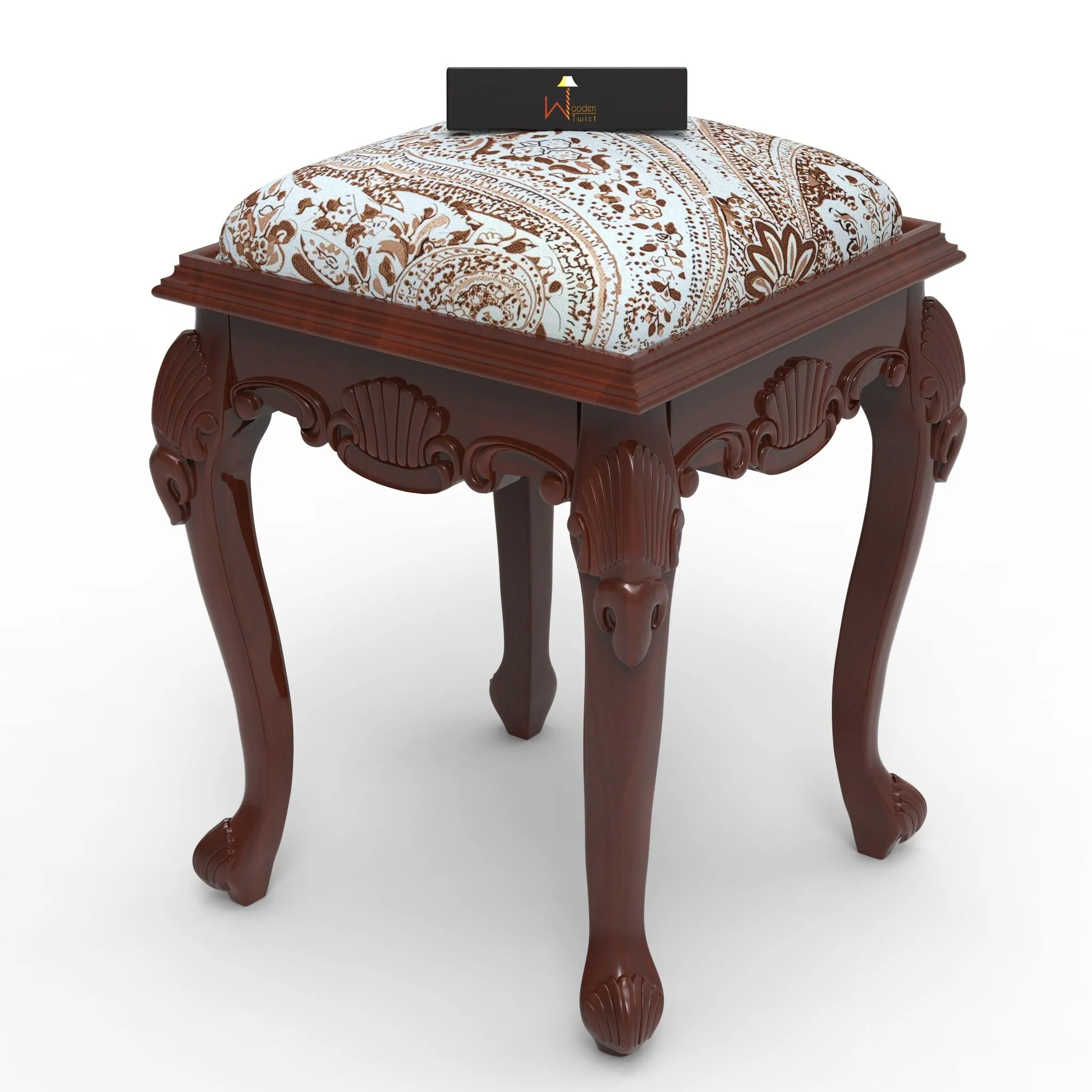 Elegant Hand Carved Teak Wood Stool in Premium Fabric