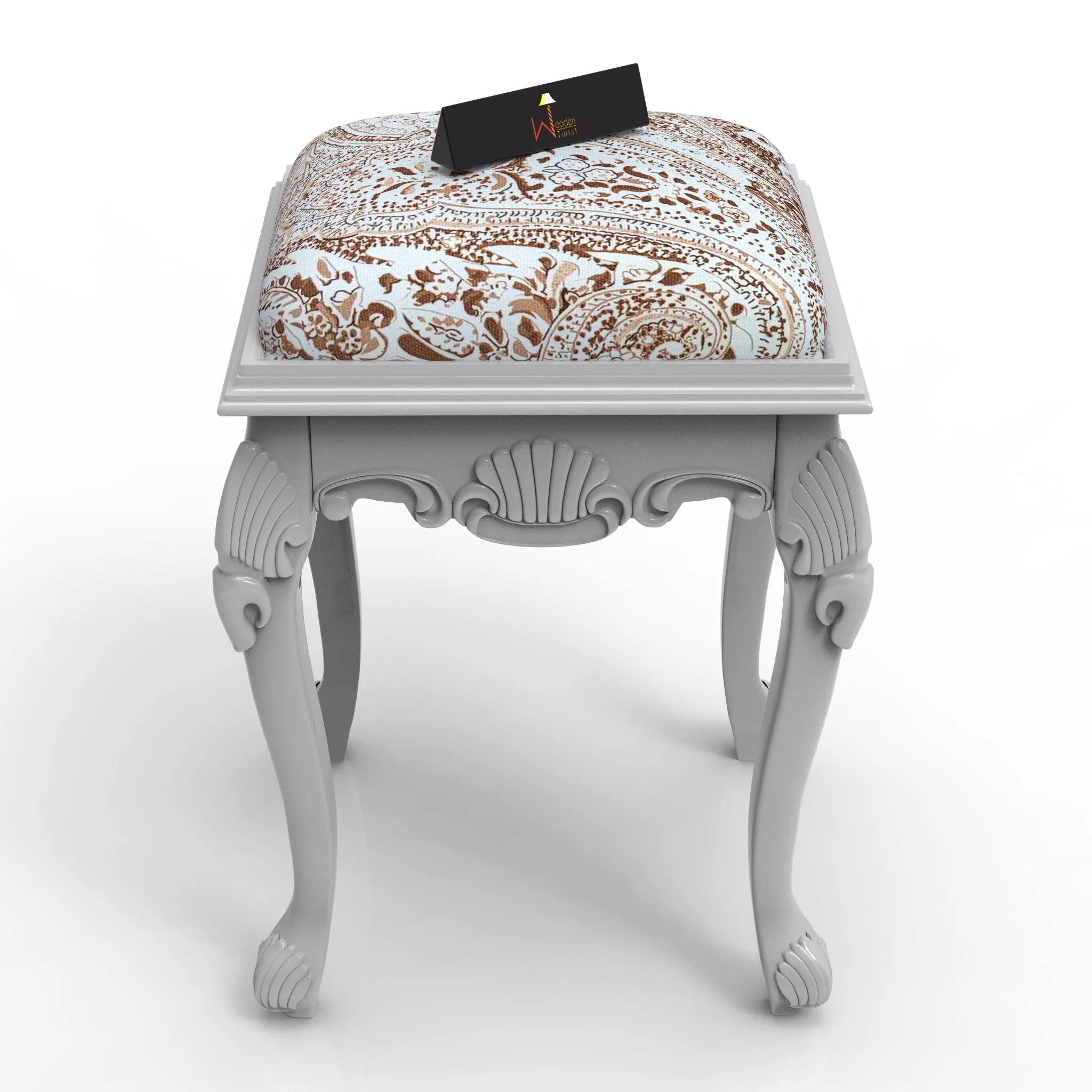 Elegant Hand Carved Teak Wood Stool in Premium Fabric