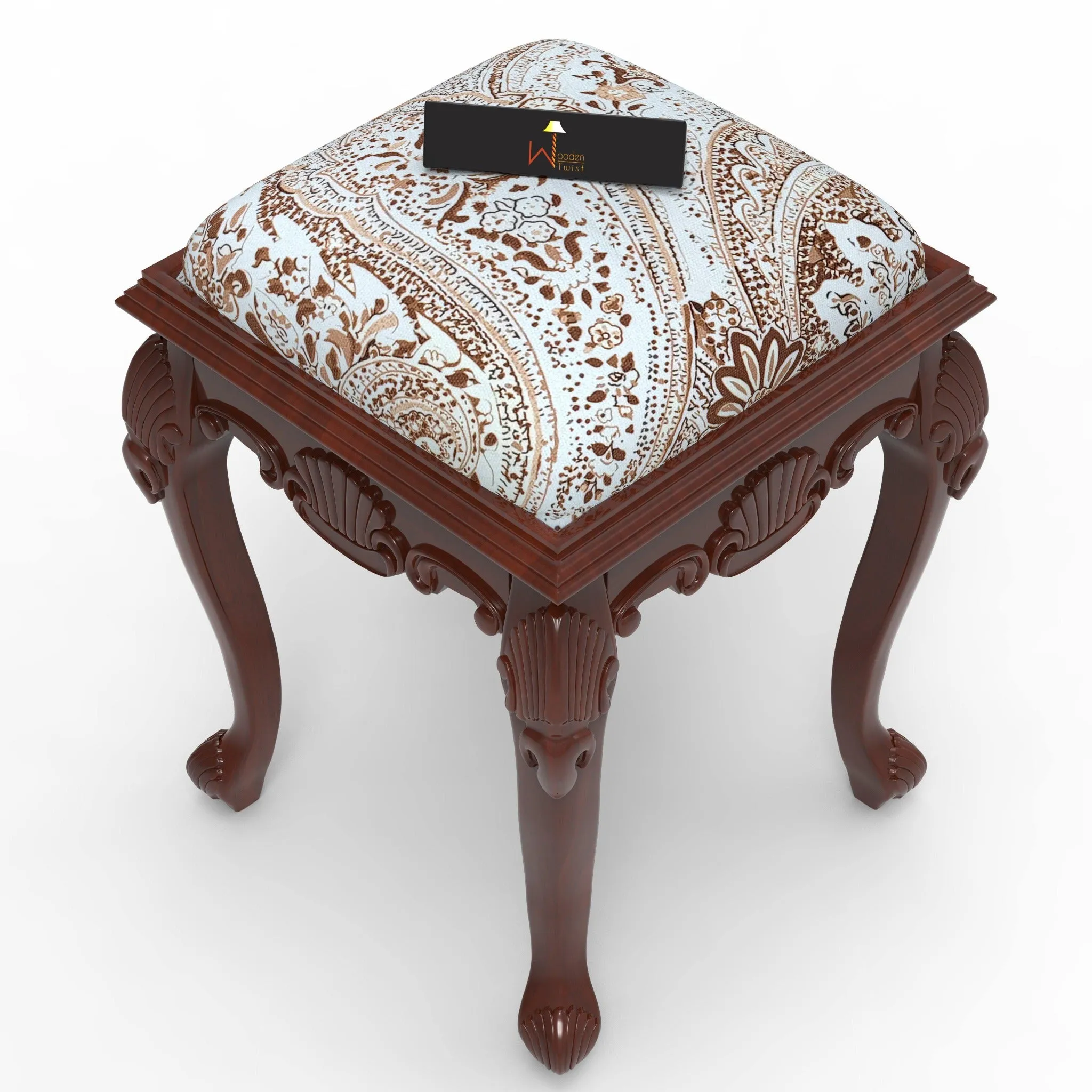 Elegant Hand Carved Teak Wood Stool in Premium Fabric