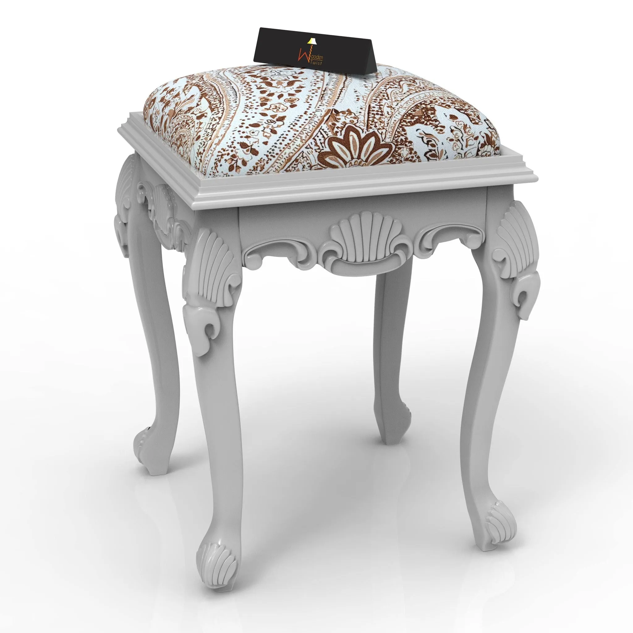 Elegant Hand Carved Teak Wood Stool in Premium Fabric