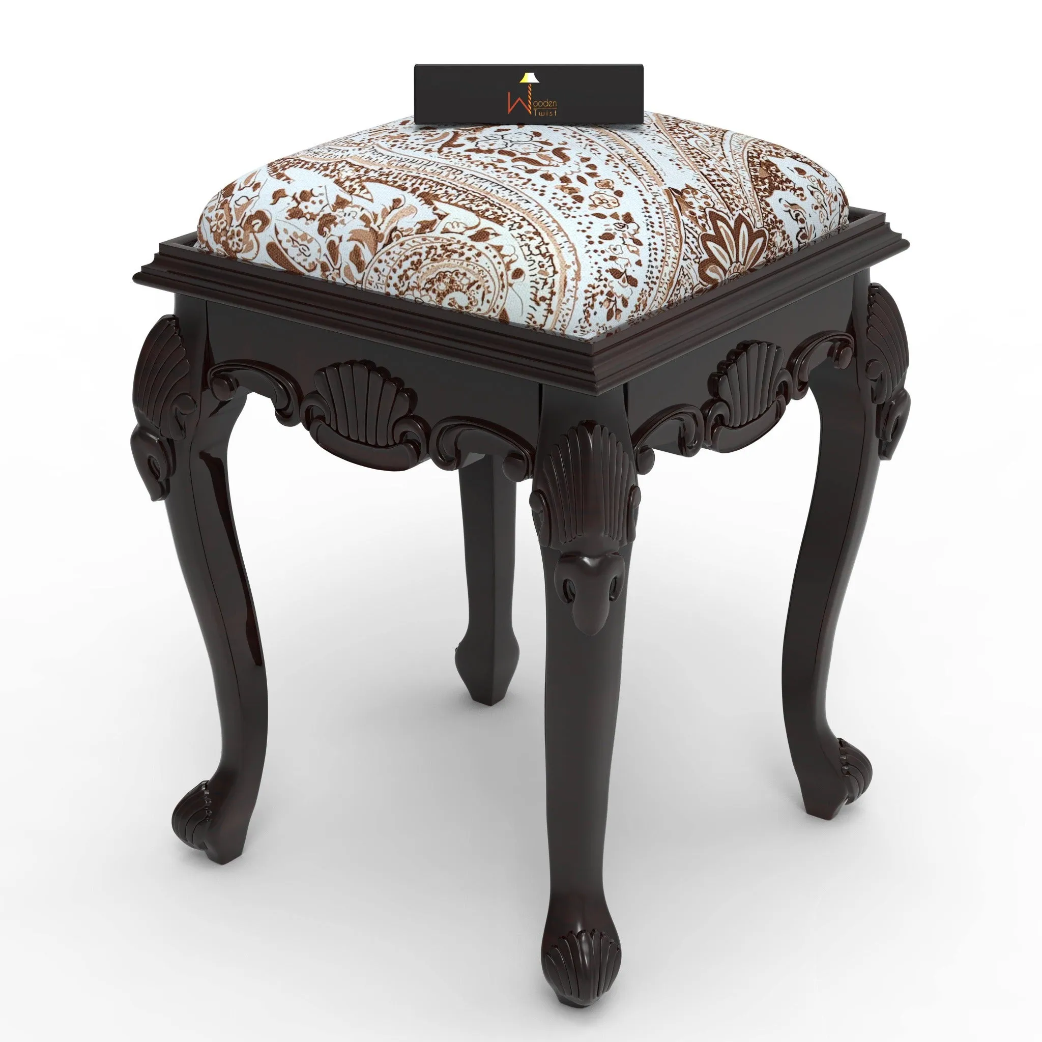 Elegant Hand Carved Teak Wood Stool in Premium Fabric