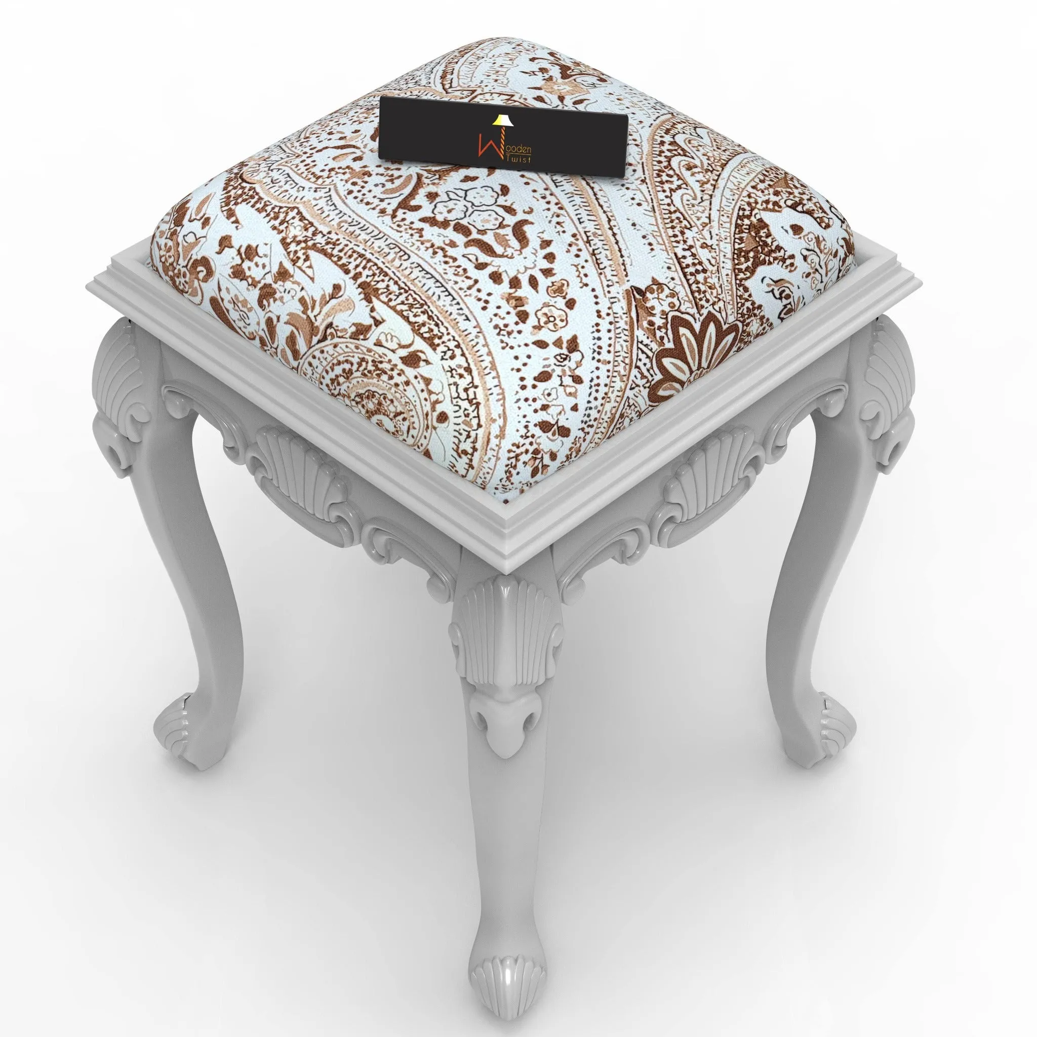 Elegant Hand Carved Teak Wood Stool in Premium Fabric