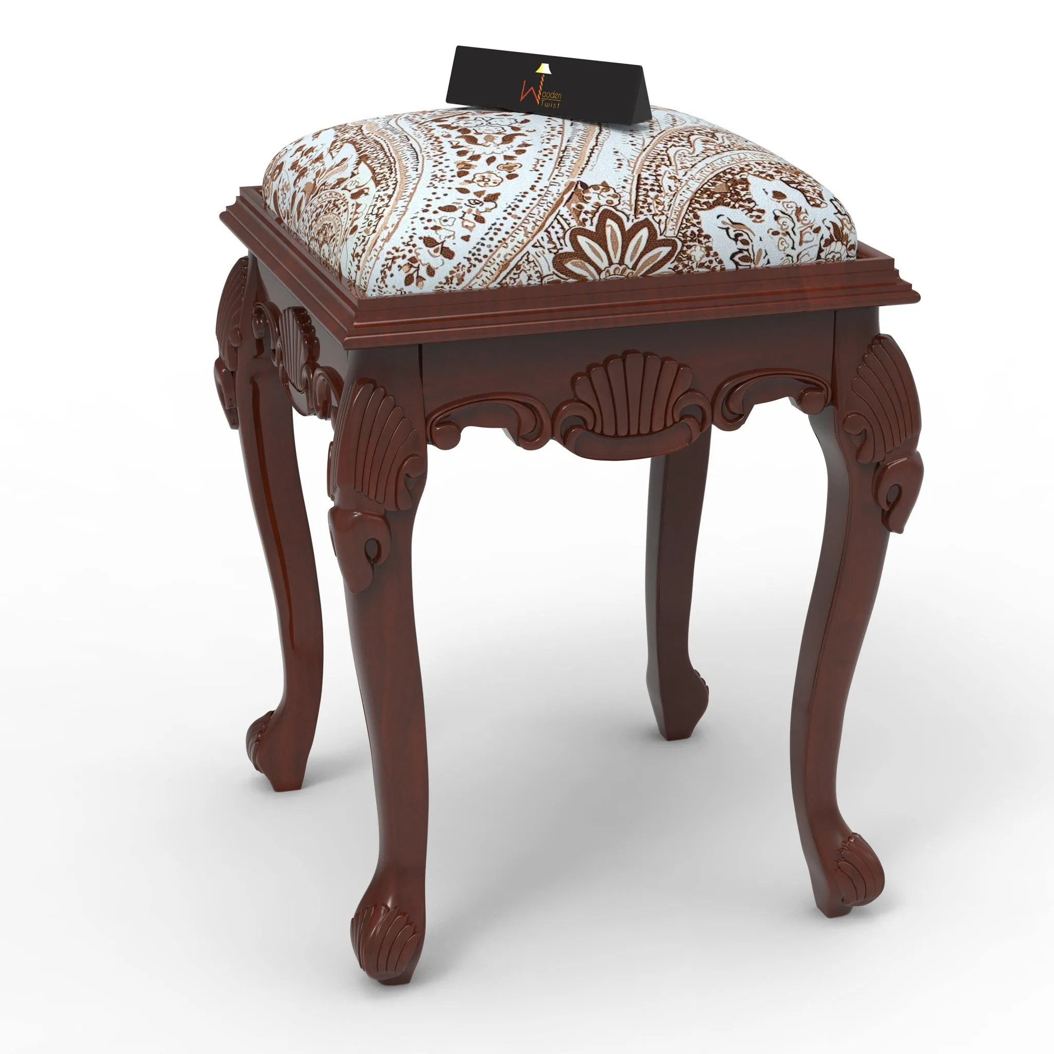 Elegant Hand Carved Teak Wood Stool in Premium Fabric