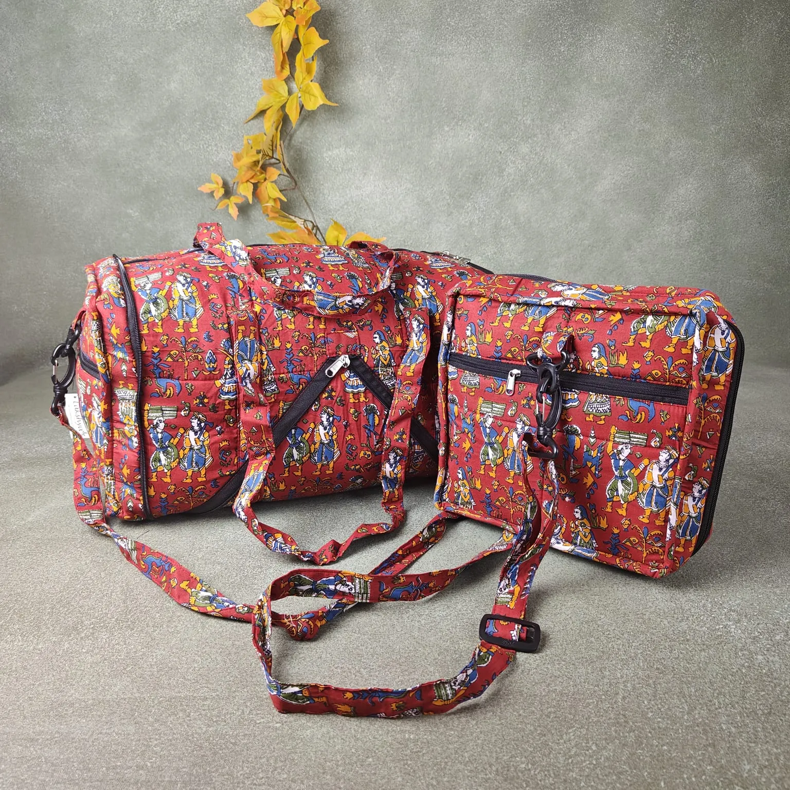 Expandable Travel Bag Brown Colour with Tribal Kalamkari Printed Design.