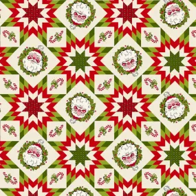 Fabric, My Childhood Christmas by Buttermilk Basin - Patchwork Vintage Santas RED (by the yard)