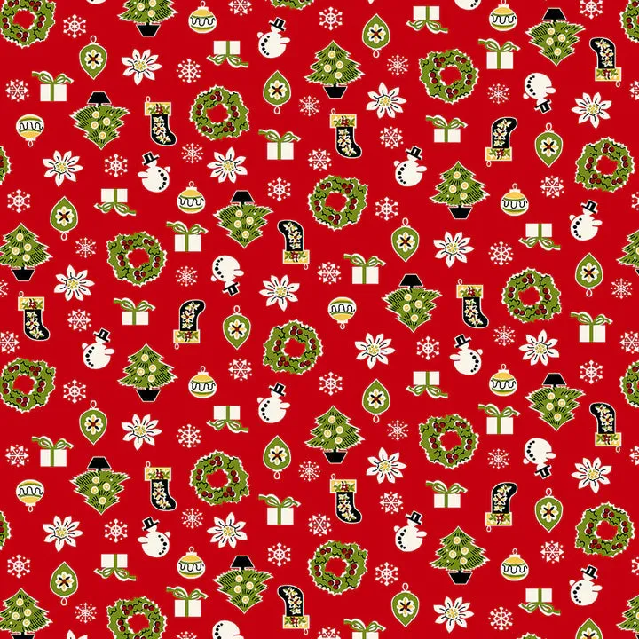 Fabric, My Childhood Christmas by Buttermilk Basin - Vintage Christmas Motifs RED (by the yard)