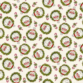 Fabric, My Childhood Christmas by Buttermilk Basin - Vintage Santa Wreaths CREAM (by the yard)