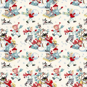 Fabric, Winter in Snowtown by Buttermilk Basin - Children Snowball Fight (by the yard)