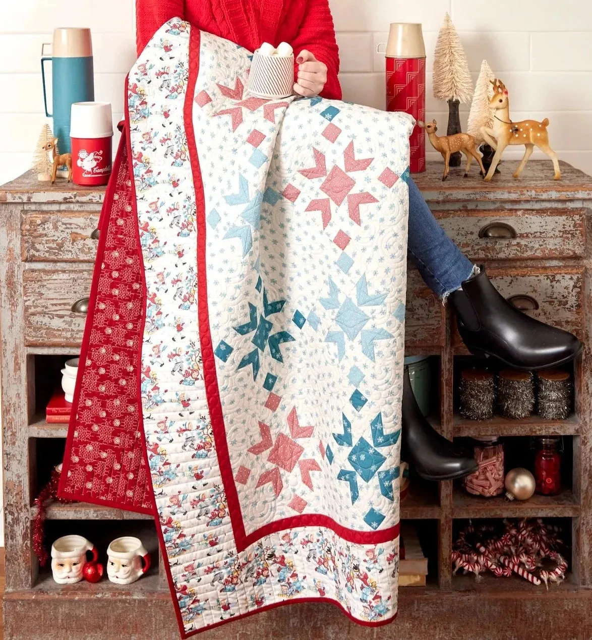 Fabric, Winter in Snowtown by Buttermilk Basin - Cream Red Snowflakes (by the yard)