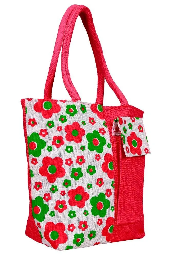 Fabseasons Pink Floral Print Jute Bag with mobile compartment