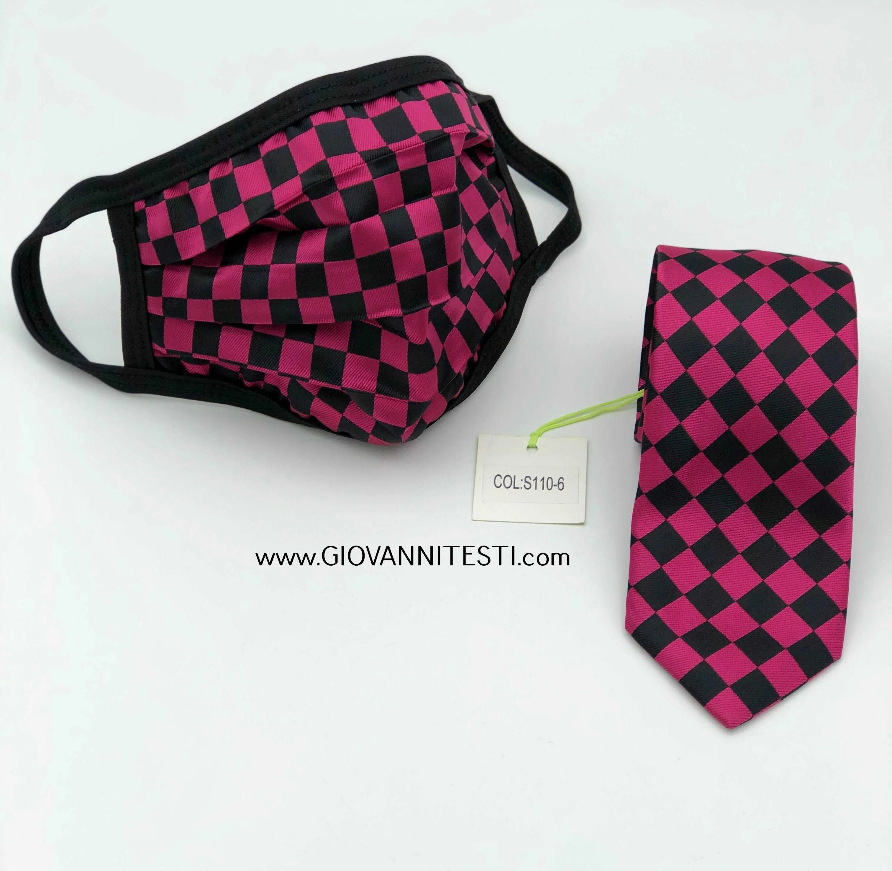 Face Mask & Tie Set S110-6, Fuchsia Checkered